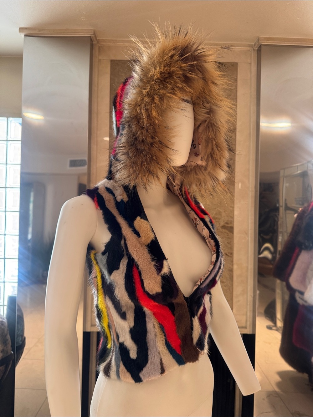 Luxury Vintage Multicolor Genuine Fur Hooded Vest
